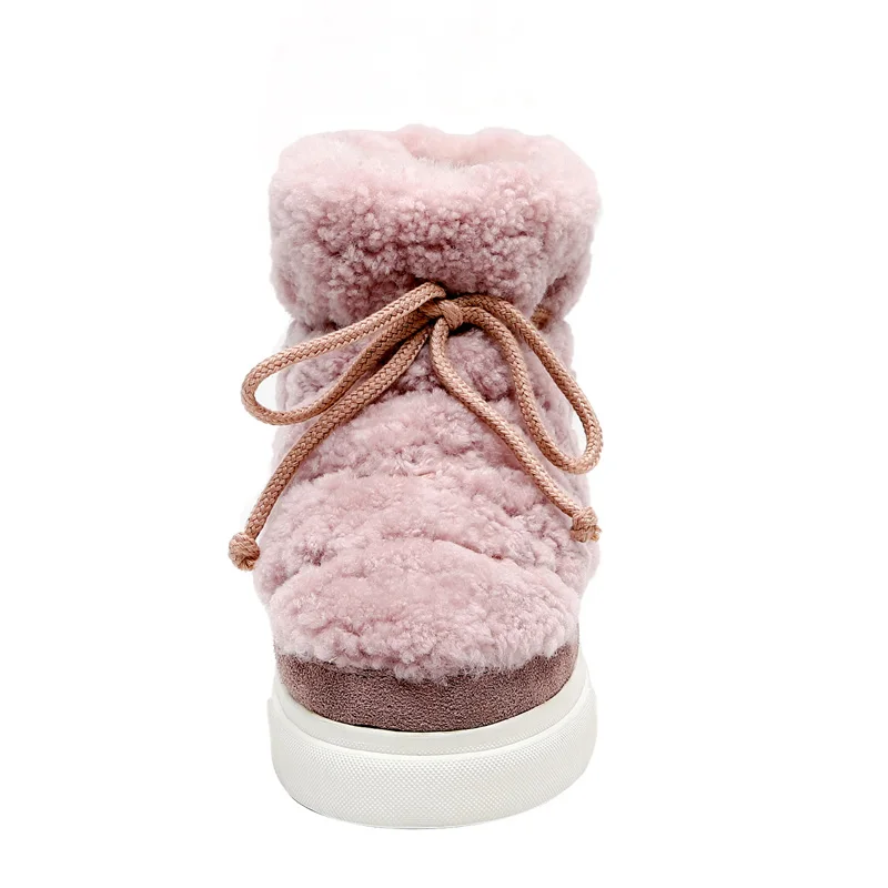 Women Ankle Boots SmallHut Winter Nature Suede Flat Shoes Elegant Ladies Beige Pink Lace Up Round Toe Wool Snow Boots