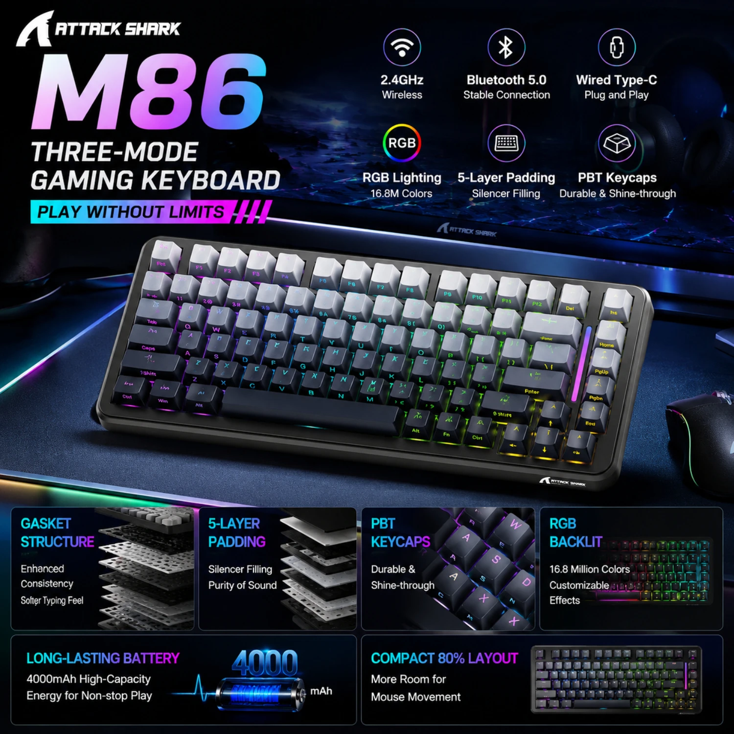 Attack Shark M86 RGB Wireless Mechanical Keyboard | Bluetooth, Fully Hot-Swappable Keys, 400mAh Battery, Macro Driver Support