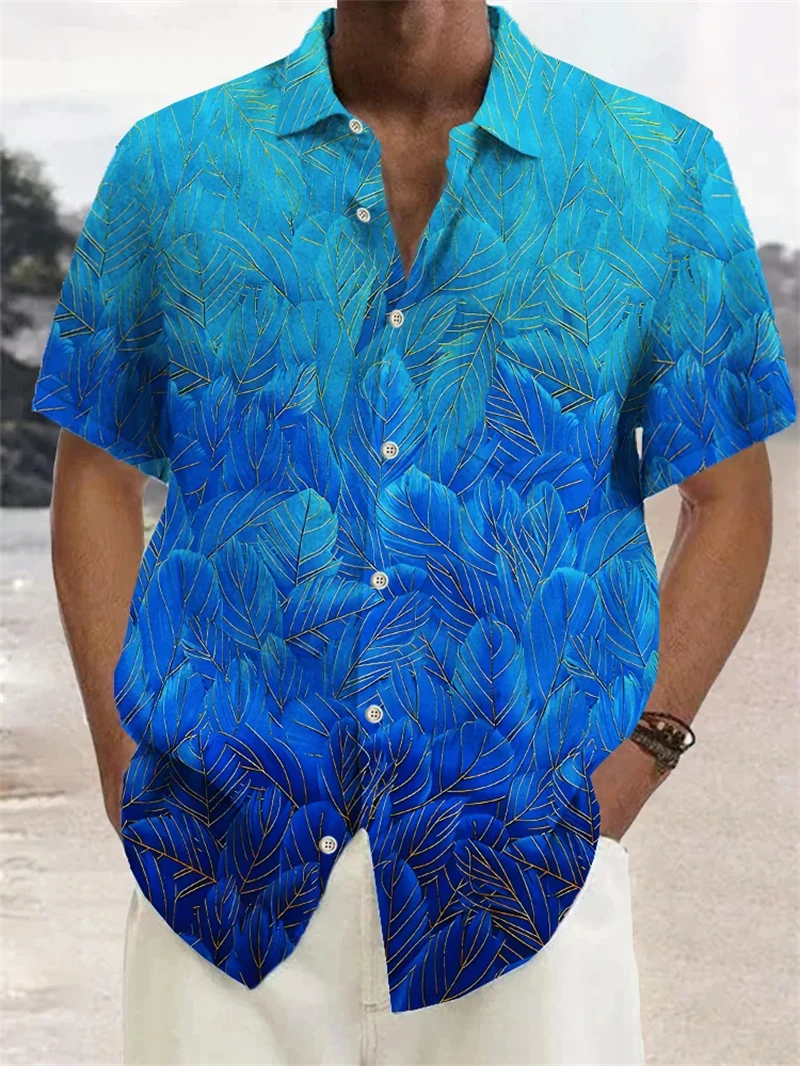 Camisa masculina de verão com estampa 3D de penas coloridas manga curta camisa havaiana com botões sem bolsos camisas para mulheres
