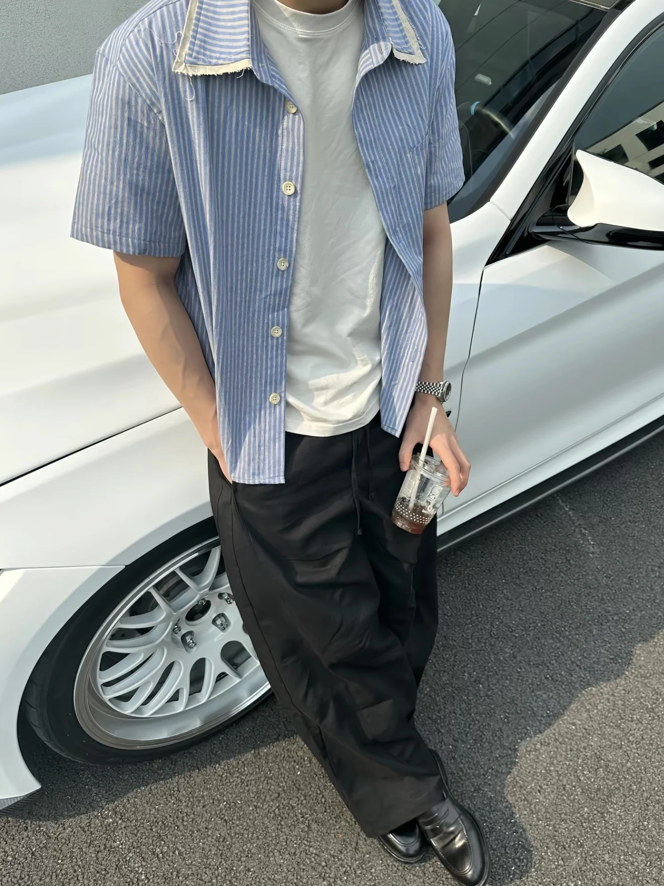 American Retro Patchwork Short Sleeve Shirt Casual Loose Fit Men's Summer Breathable Cotton Striped Pattern Unisex Jacket