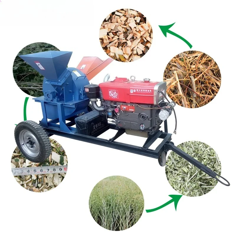 Powered Wood Chipper Crusher Hammer Mill Tree Branch Root Shredding Machine Farm Garden Green Waste Recycling Processing