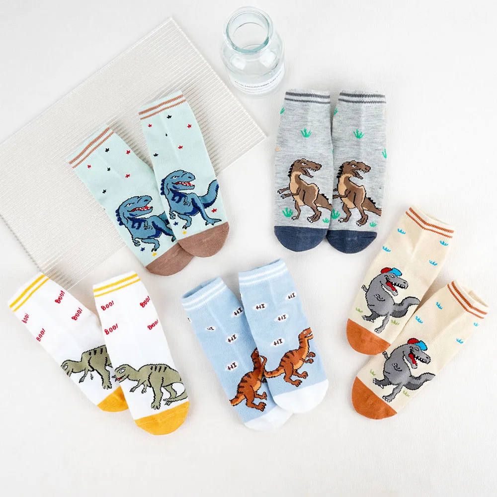 5 pares de calcetines para niños con patrón de dinosaurio de dibujos animados, calcetines para bebés y niños para todas las estaciones