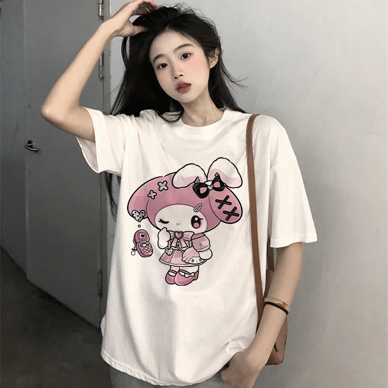 New Melody Cotton T-shirt Women Y2k T Shirts Kawaii Sanrio Cinnamoroll Kuromi Cartoons Harajuku Casual Clothes Streetwear Tops