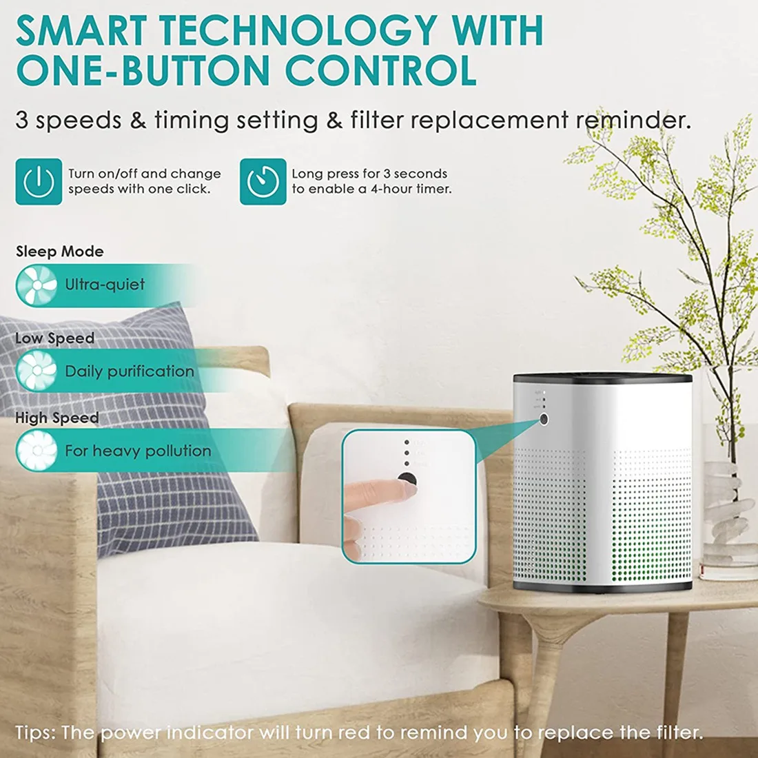 Purificateur d'air de chambre à coucher avec filtre HEPA, véritable filtre, prise US, entrée à 360 ° avec filtre à 5 étapes pour les allergies aux animaux domestiques, H13