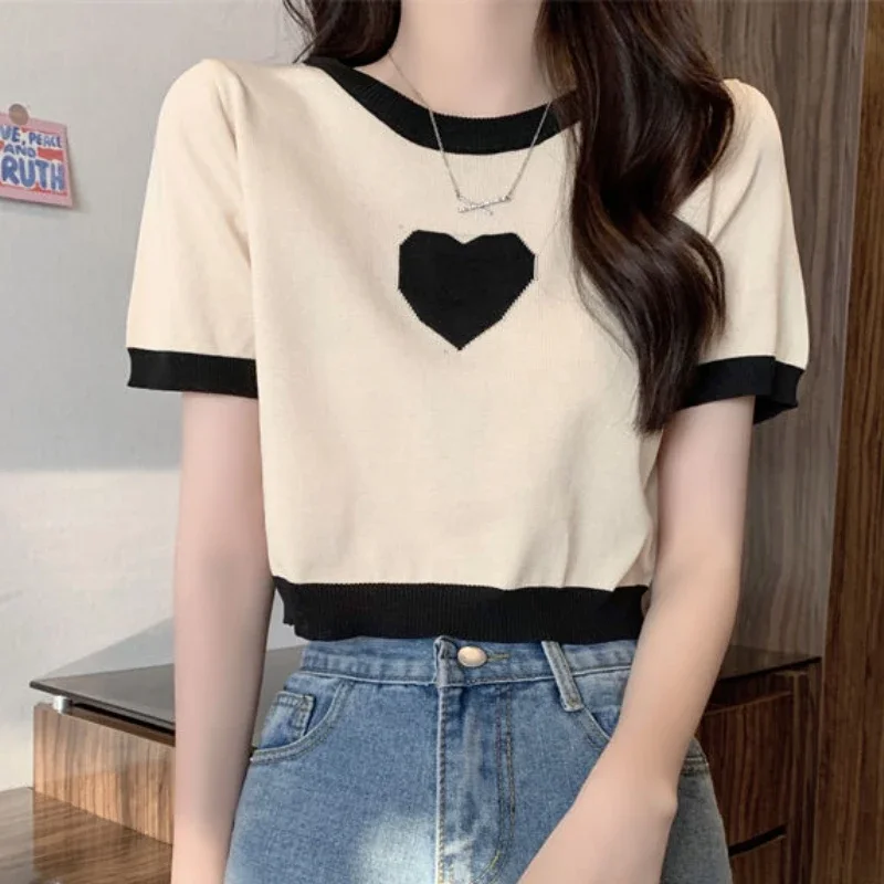 Knitted T-shirts Women 4-colors Girlish Love Leisure Hotsweet Patchwork Summer Fashion All-match Korean Style O-neck Harajuku