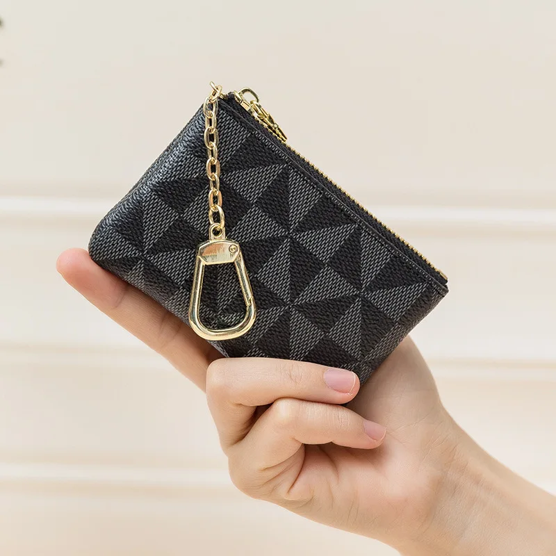 Coin Key Storage Bag with Chain Women Mini Coin Purse Luxury Designer Plaid Leather Small Zipper Wallet Ladies Keychain Trendy