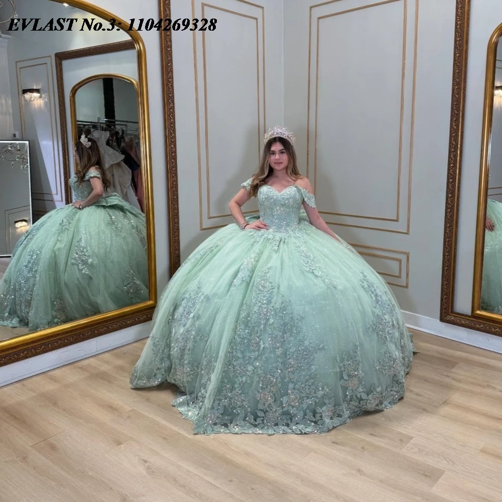 

EVLAST индивидуальное мятное платье Quinceanera 2025 года, бальное платье с кружевной аппликацией и бисером, бант, корсет Sweet 16, Vestidos De 15 Anos E3Q756