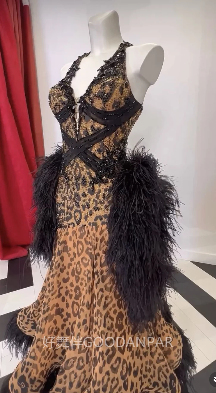 Women Customized High-end Luxury Feather Backless Dress Waltz Ostrich Feather Tango Modern Dance  leopard print