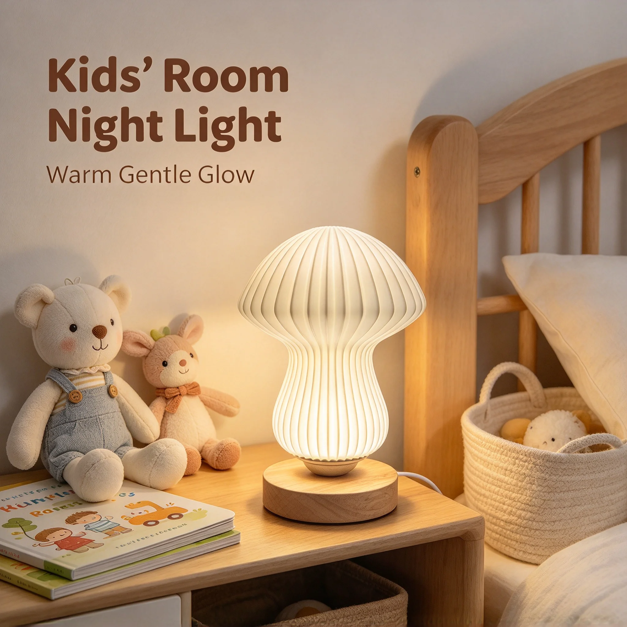 3D Ribbed LED Table Lamp Mushroom Shape with Wooden Base 3-Color Ambient Night Light Stylish Entryway Home Decor