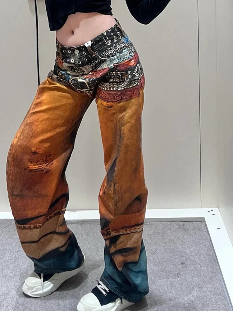 Modne wiosenne nowe modne damskie spodnie jeansowe z nadrukiem 3D w kolorze retro z wysokim stanem w kontrastowym kolorze