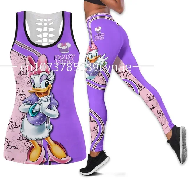 Disney Donald Duck Women Book Hollow Vest + Women Leggings Yoga Suit Fitness Leggings Sports Suit Tank Top Legging Set Outfit
