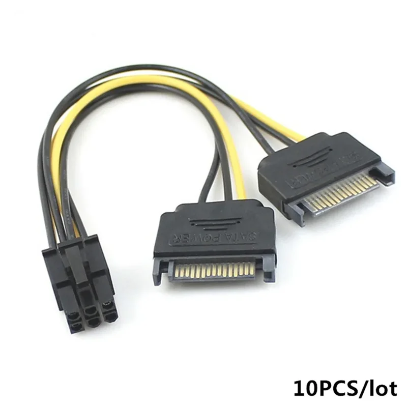 10PCS/lot Dual two SATA 15 Pin Male M to PCI-e Express Card 6 Pin Female Graphics Video Card Power Cable 15cm