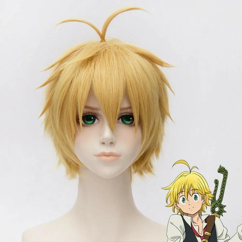 Gratis pengiriman tujuh buruan Sins Meliodas Dragon's Sin of Wrath Wig Cosplay pirang pendek