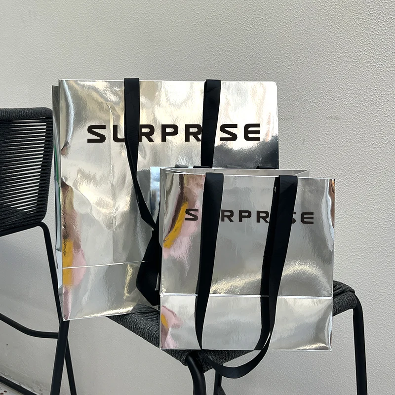 Imagem -04 - Bolsa de Presente de Papel Kraft Branco com Alça de Fita Adequado para Bolsa de Compras com Seu Próprio Logotipo Bolsas de Papel de Prata Personalizados Papelão Luxo