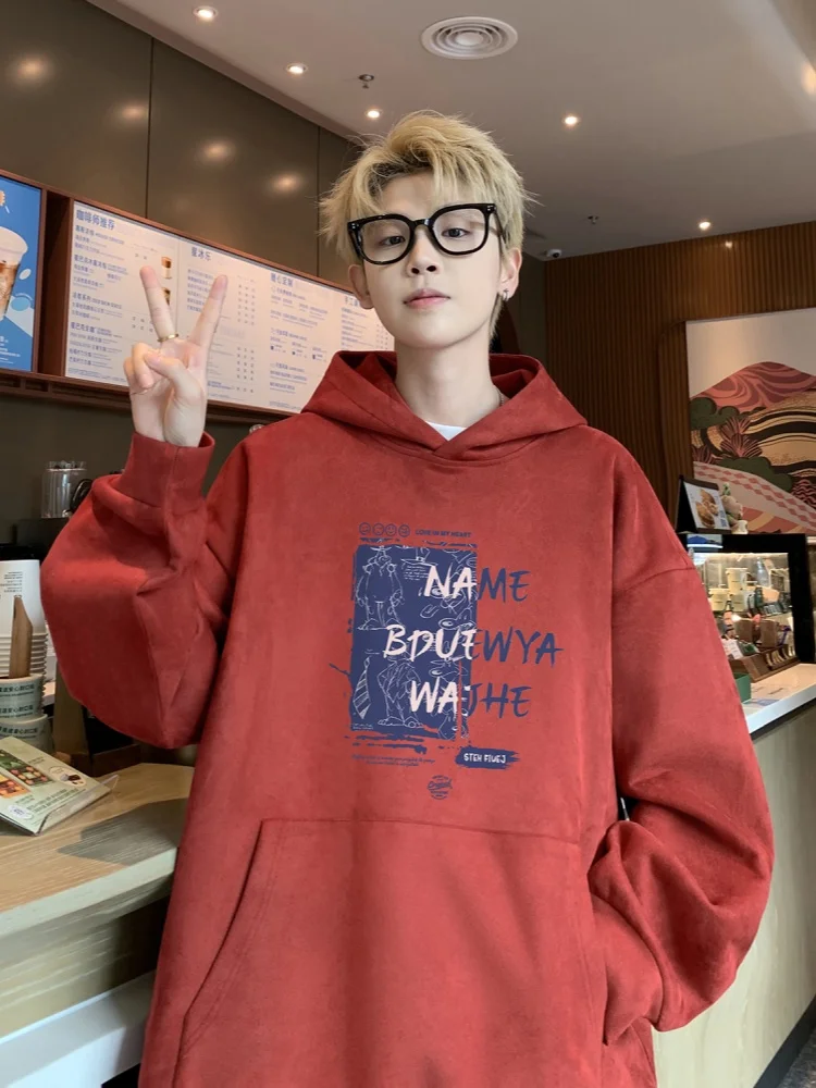 

Men's Suede Hoodie Sweatirt Autumn Winter New Sle American Heavyweight Casual Jaet for Teenagers Red Top Youth Faion