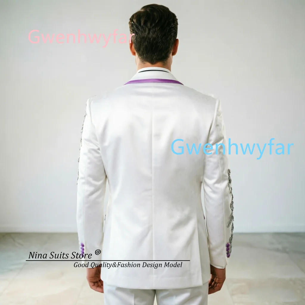 Gwenhwyfar 2026 Summer New Men's Luxury Ball Dress White Satin Suit and Pants Handmade Sewing Colorful Rhinestone Appliques view 2