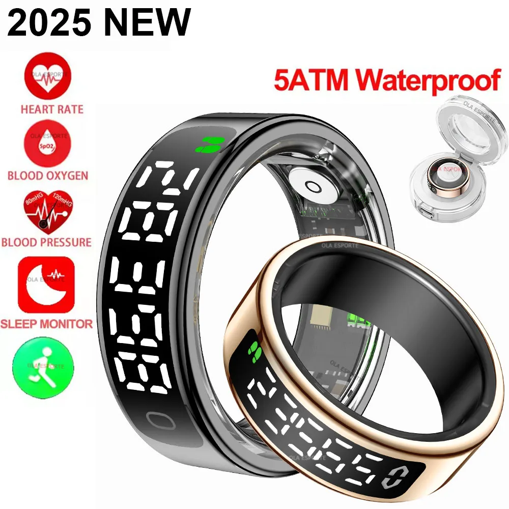 

Смарт-кольцо 2025 для мужчин и женщин, светодиодный экран, монитор сердечного ритма, кислорода в крови, 5 АТМ, водонепроницаемый, мультиспортивный режим, подарки для Android