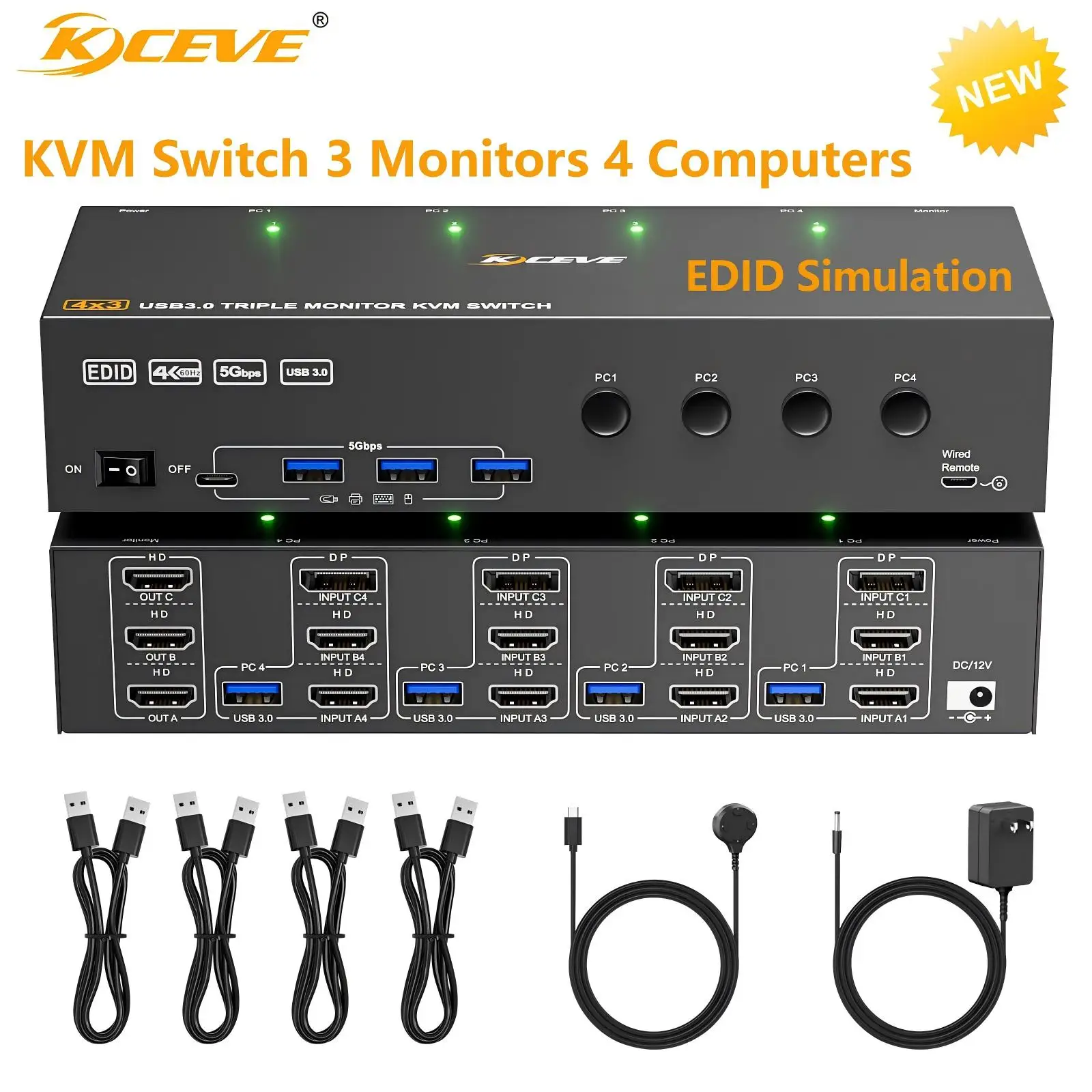 

KVM Switch 3 Monitors 4 Computers 4K@60Hz,EDID Simulation,USB3.0 HDMI DP KVM Switch Triple Monitor for 4 PC Share Keyboard Mouse