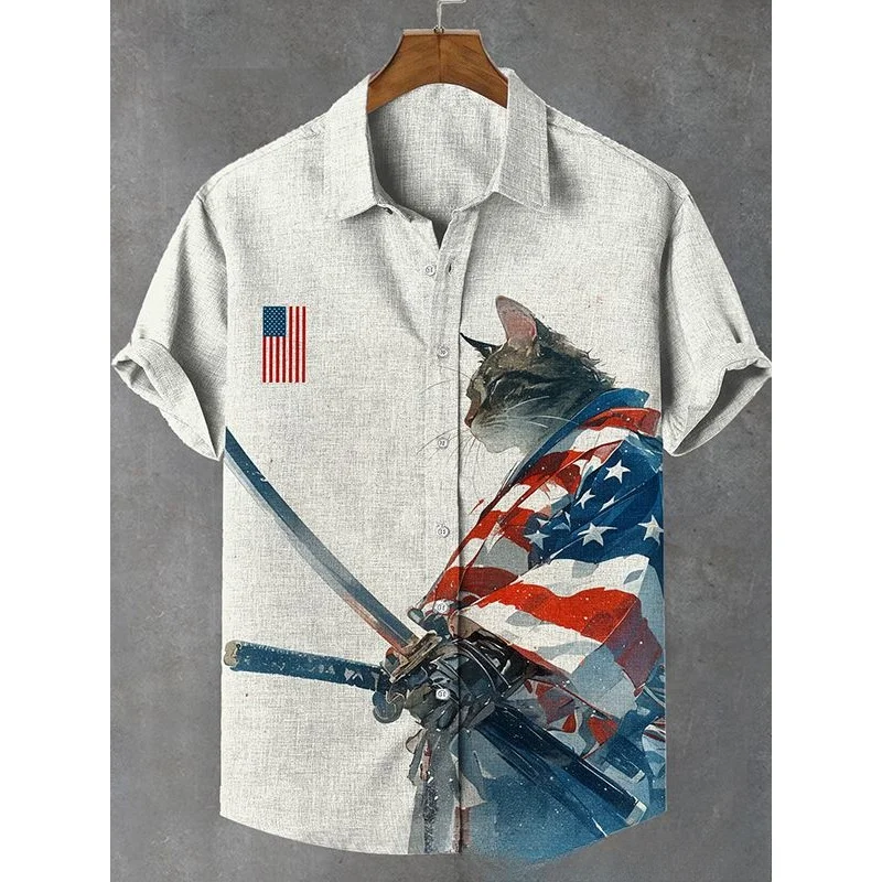 

Men's Funny Patriotic Robe Warrior Cat Art Print Linen Blend Shirt Harajuku Shirt Hipster Warrior Cat Button Down Casual Shirts