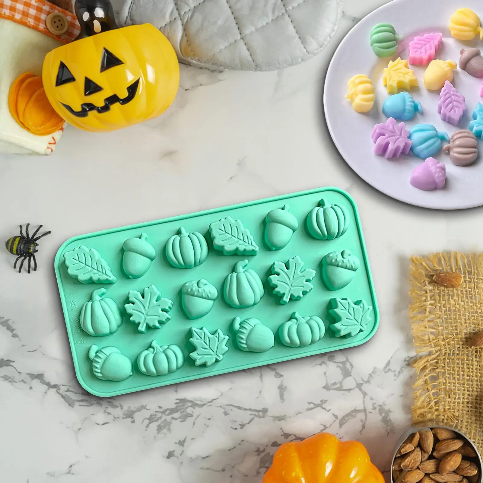 Fall Candle Molds 18-Cavity Candy Pumpkin Pine Cone Maple Leaves Moulds Mini Silicone Non Stick Easy Release Molds for Craft