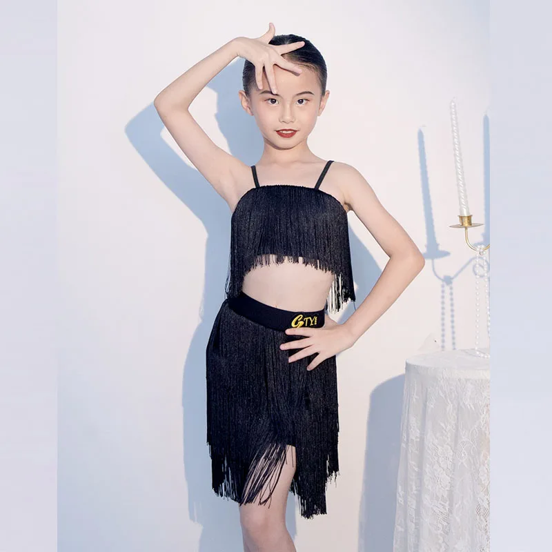 Latin dance outfit high-end 2023 new summer girls' suspender tassel training performance suit split set