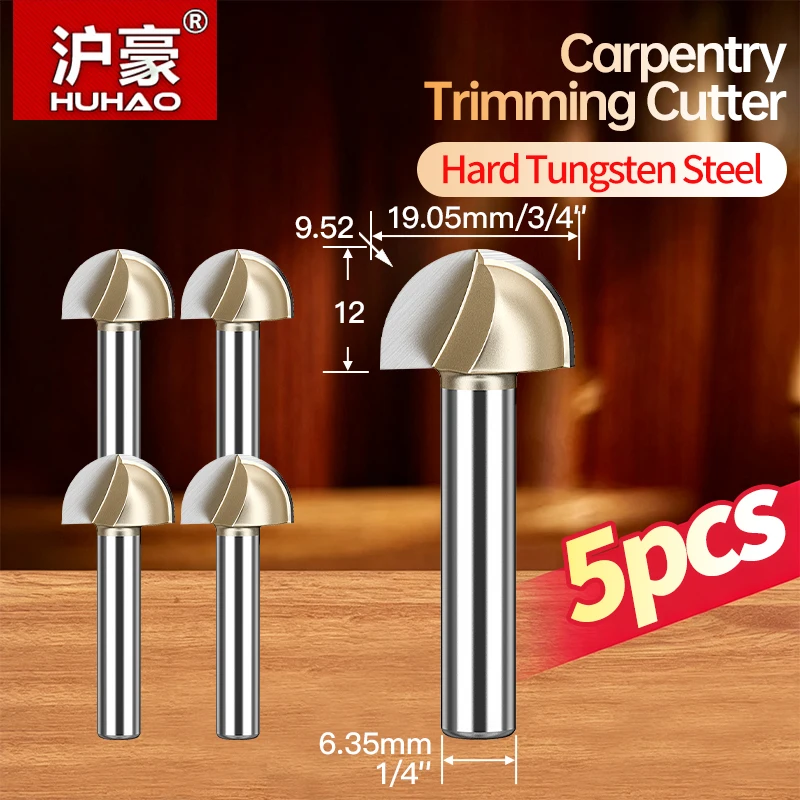 HUHAO 5PCS Half Round Radius Bottom Bullnose Router Bits Wood Circular Arc Cove Box 1/2 1/4 Bowl Ball Nose Milling Cutter Tool
