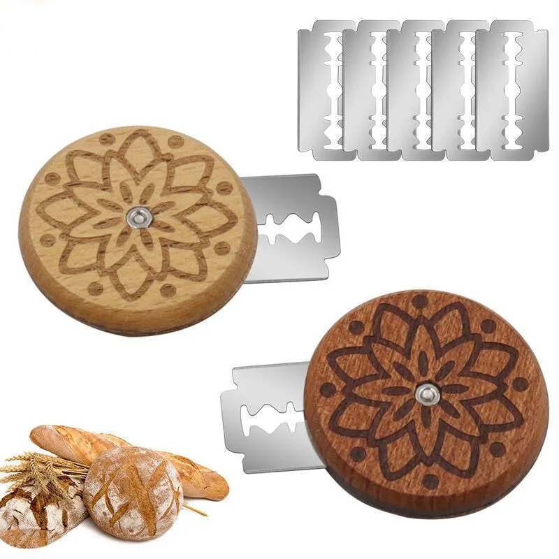 Faca de Pão UFO, Ferramenta de Corte para Pão de Fermentação Natural, Faca de Corte de Massa de Madeira com 5 Lâminas de Navalha