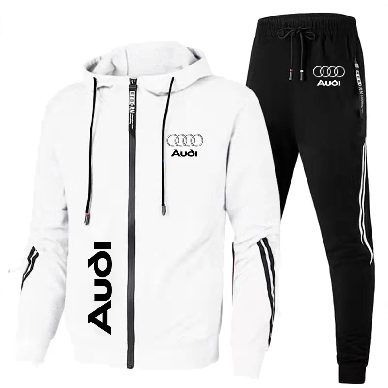 Men\'s Tracksuit Audi Logo Printing Hoodie Suits Zip Hooded Sweatshirt+Pants 2 Piece Set Men Casual Running Audi Men\'s Clothing