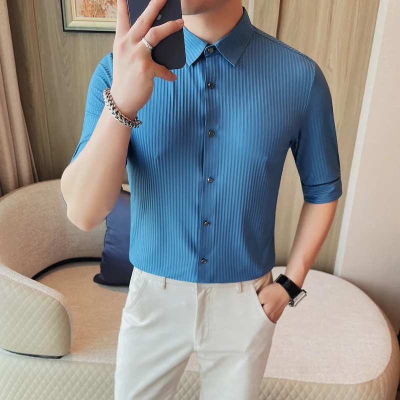 Summer New Striped Ice Silk Half Sleeve Shirt Fashion Men\'s Slim Fit Casual Business Solid Color Versatil Shirt Men Clothing