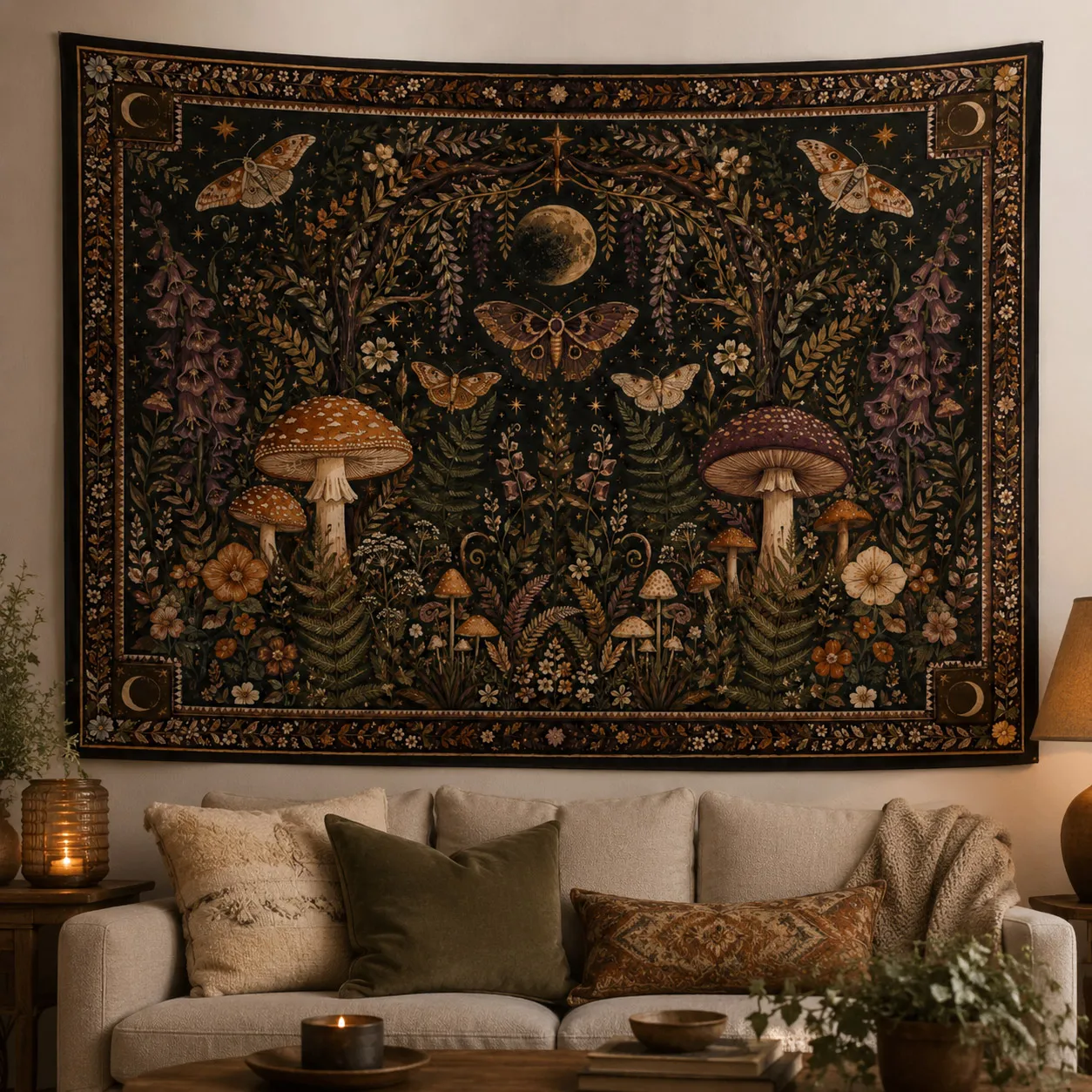 Mystic Mushroom Wall Tapestry Vintage Moth Wall Hanging Aesthetic Room Decor Fabric Tapestries Gift for Friends