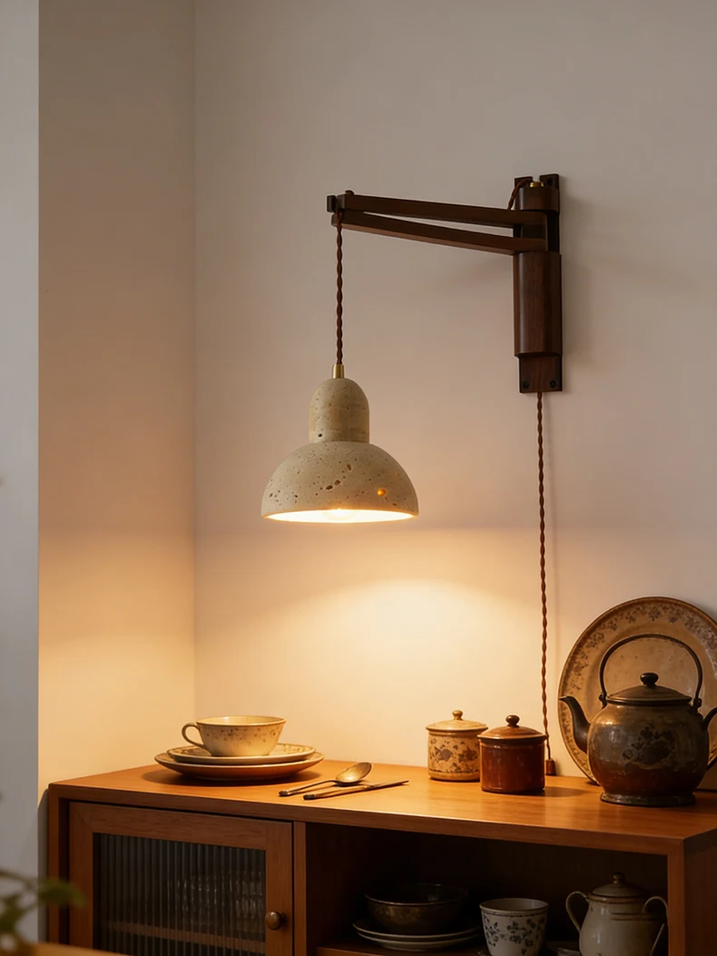 Natural Stone Wall Lamp Wooden Pole Can Rotate Light Reading