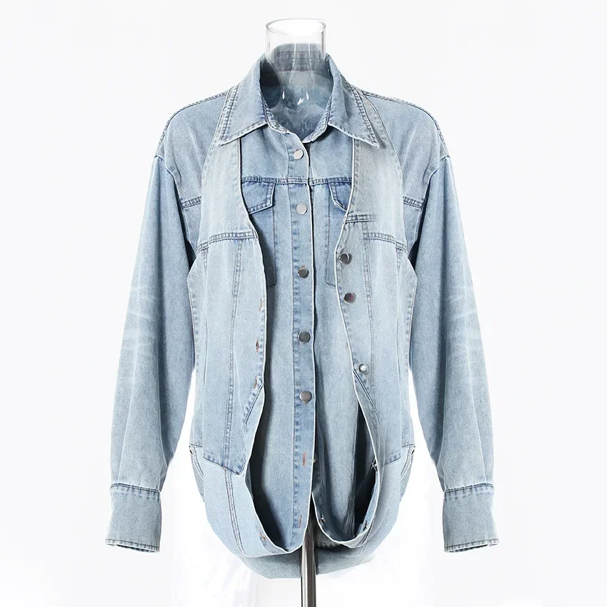 SuperAen Neue Mode-Design drehen-unten Kragen Lose Taille Weste Patchwork Denim Jacke Frau Casual Jacke
