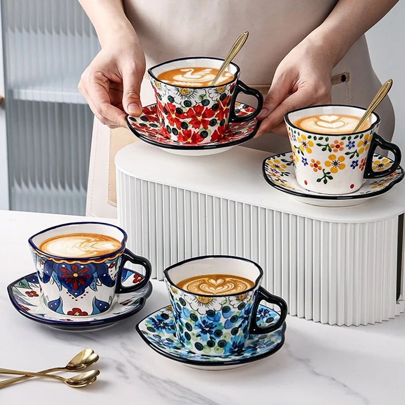 Turkish Coffee Cup and Saucer Set Colorful Flower Design European Retro Hanging Ear Creative Ceramic Cup Gift