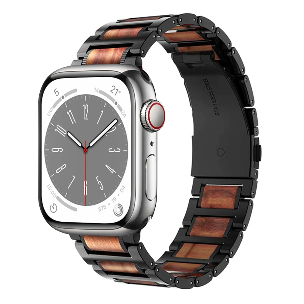 Wooden strap For apple watch band 45mm /41mm 44mm 40mm 42mm 38mm Stainless Steel Bracelet for iwatch Apple watch 5/4/3/2 se 6 7