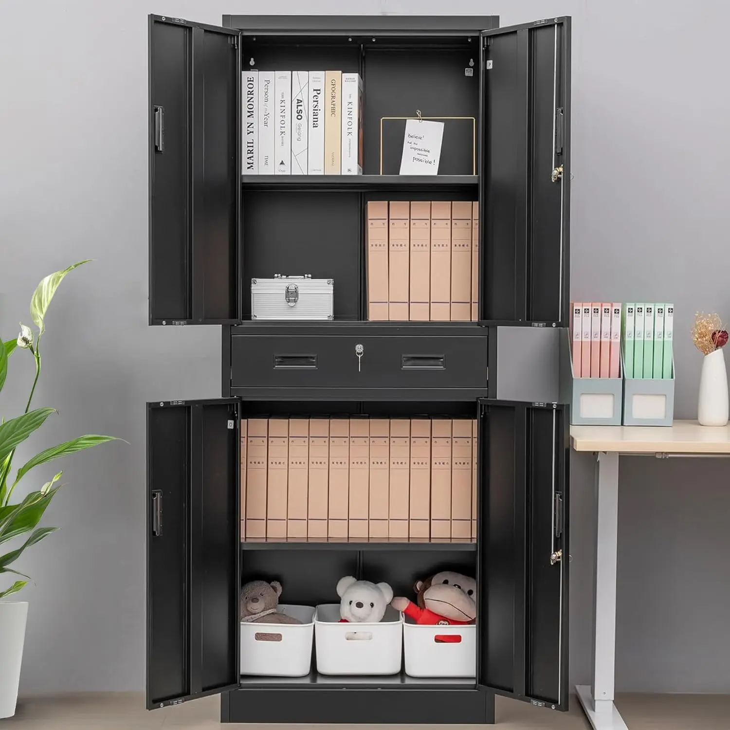 Tall Metal Storage Cabinet With Drawer, Locking Tool And File Cupboard, Utility Steel Organizer For Home Office Garage Kitchen Warehouse, Multi Tier Adjustable Shelving Unit, Modern Industrial, Black, 1 Piece
