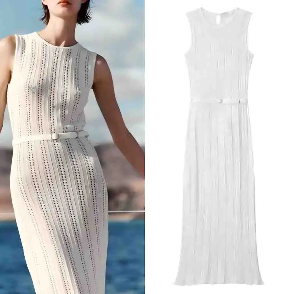

Women's 2025 New fashion With Belt Slim Jacquard Mesh Knitted Midi Dress Retro O Neck Sleeveless Women's Dress
