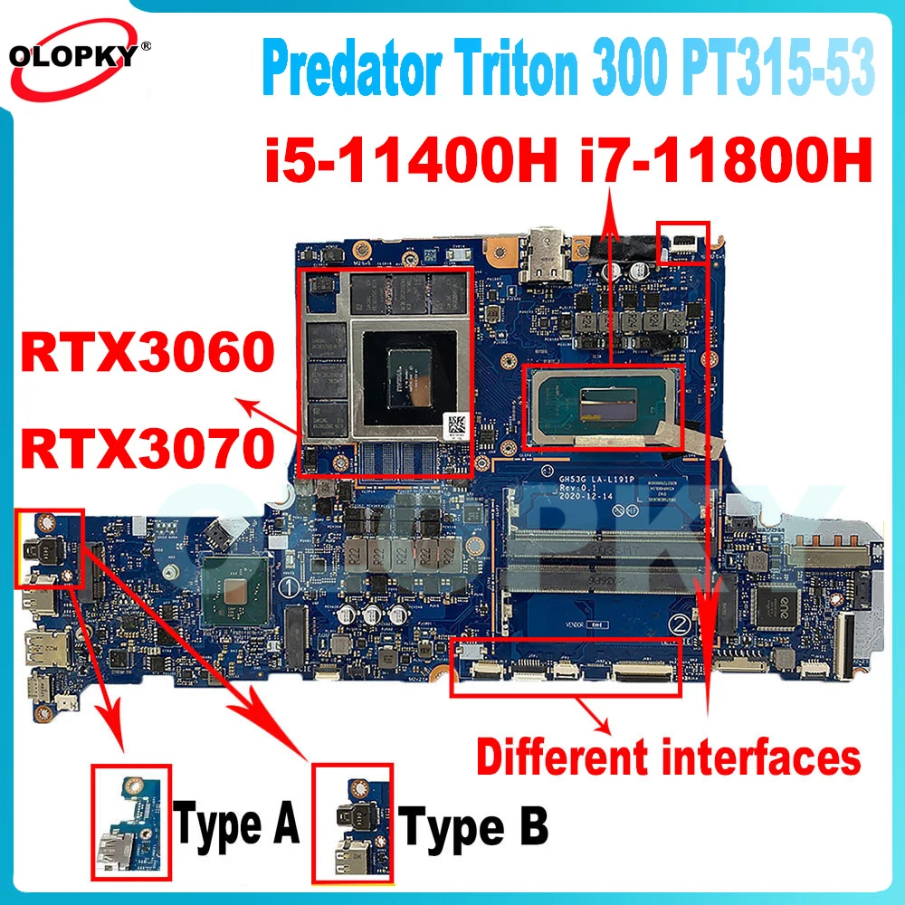 GH53G LA-L191P for Acer Predator Triton 300 PT315-53 Laptop Motherboard i5 i7 i9-11th Gen CPU RTX3060/3070 GPU DDR4 Fully tested