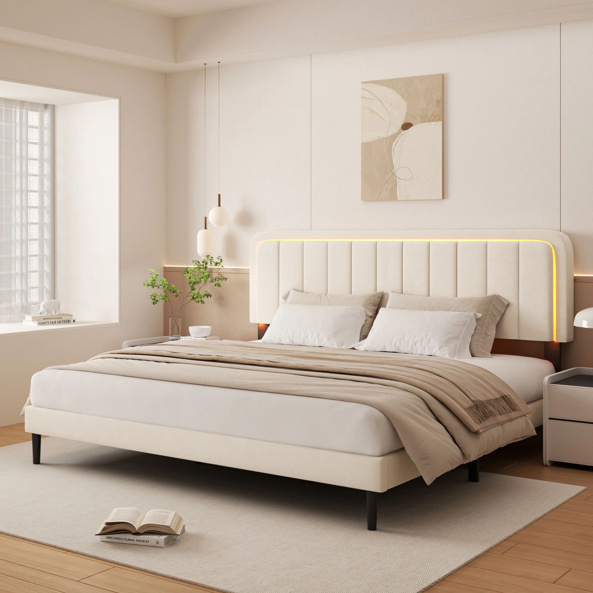 

!@Modern Solid Wood Adjustable Height Bedroom Furniture Bed Frame Set with Smart Sensor Bedside Lamp APP Control