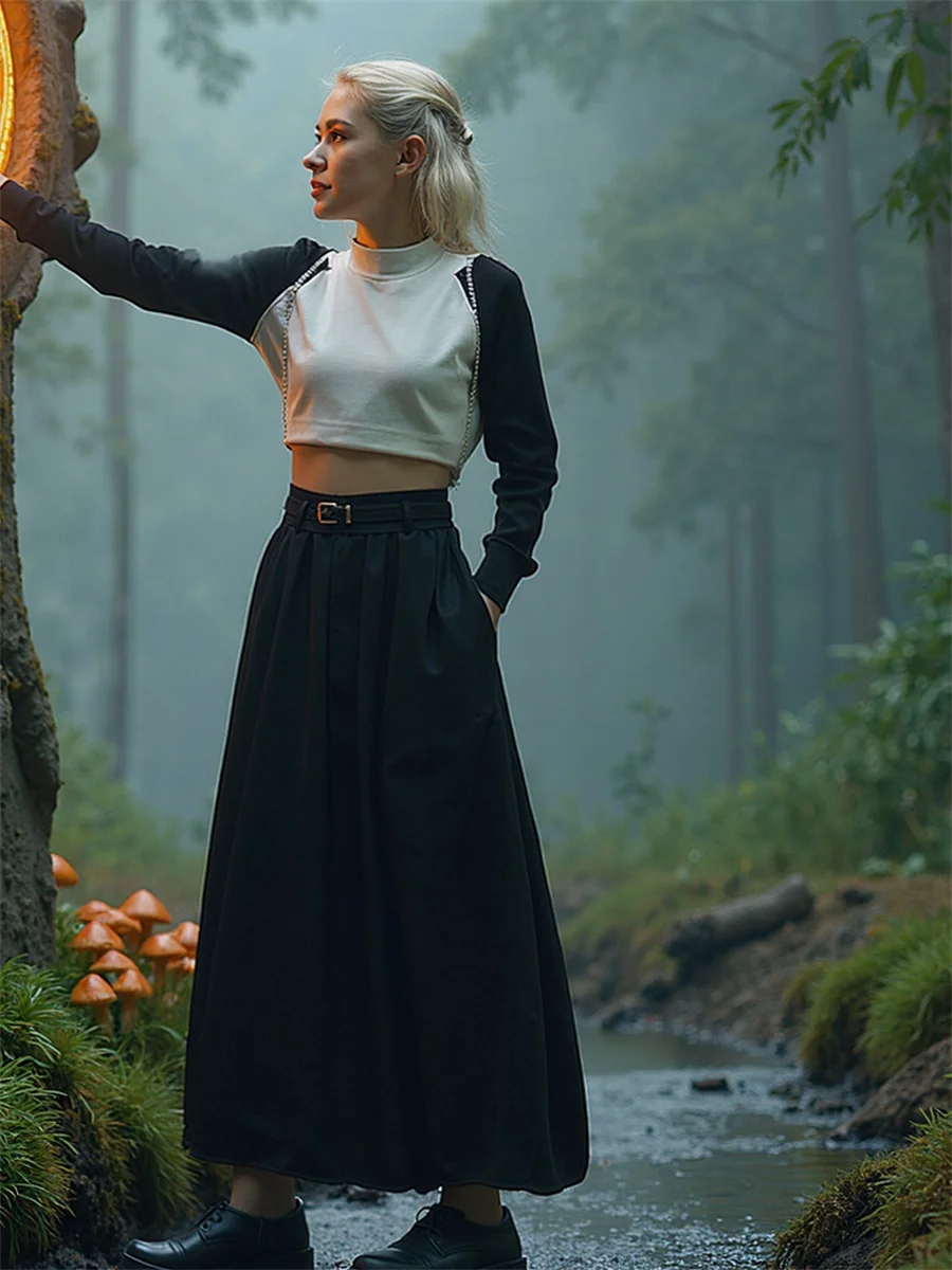 

Pleated Floor Length Skirts Womens Chiffon Layered Ruffle Hem Elastic Waist Flare Artistic Bohemian College Sweet Pastel