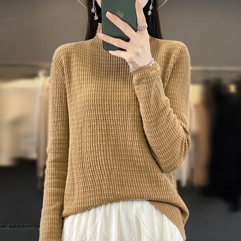 

Women Autumn Winter 100% Pure Cotton Soft Sweater Half-high Collar Waffle Cubes Pullover Female Casual Knitted Basis Top