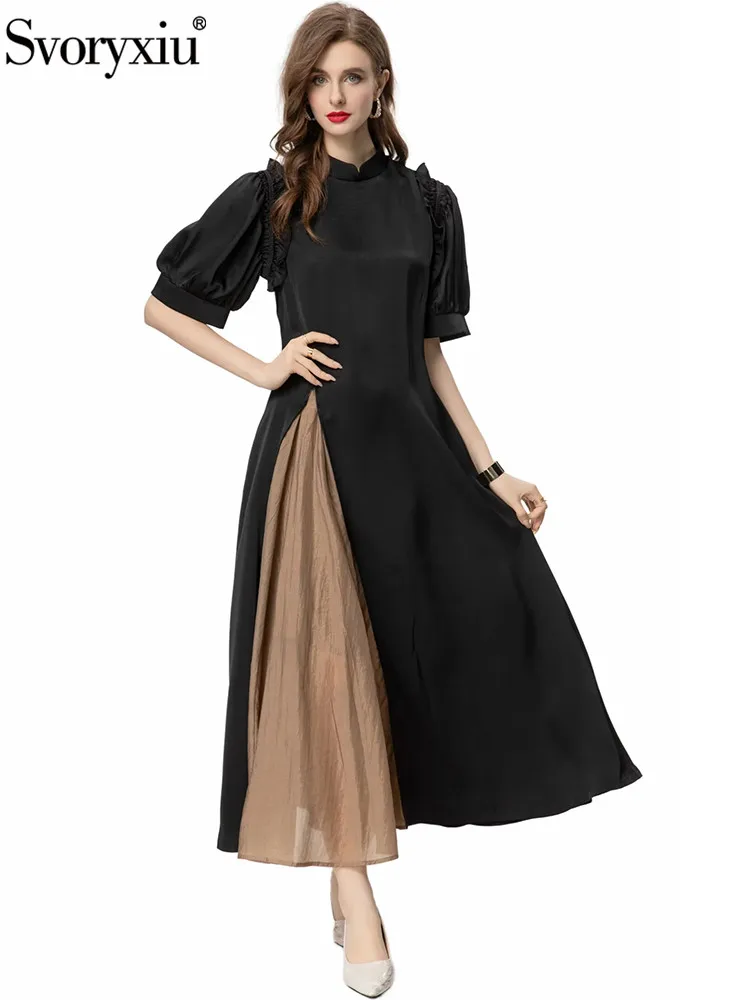 

Svoryxiu Runway Fashion Summer Party Black Vintage Long Dress Women Stand Collar Flounces Puff Sleeve High Waist Patchwork Dress