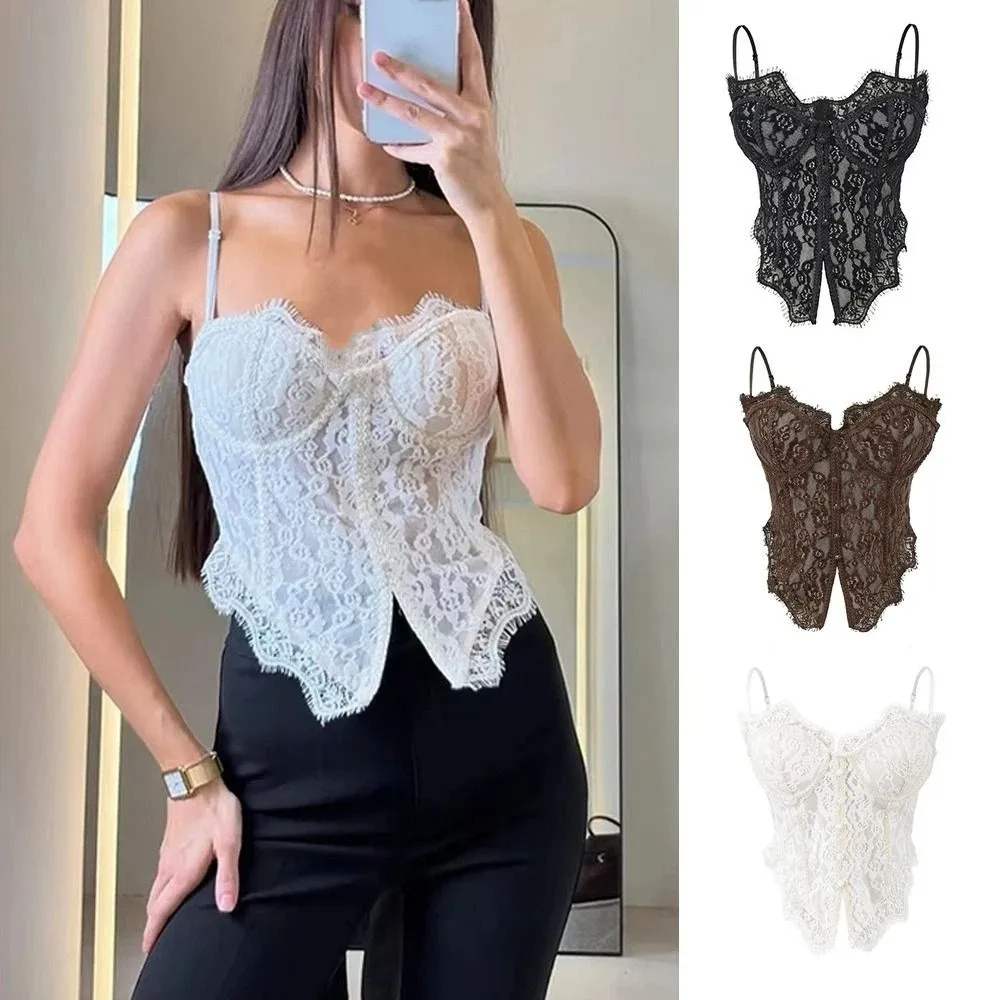 Fashion Transparent Lace Camisole Sleeveless Fishbone Lace Corset Slim fit Suspender Vest Ladies