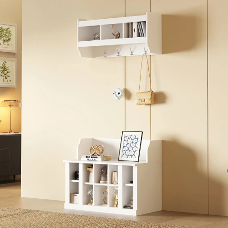 

ON-TREND Shoe Storage Bench with Shelves and 4 Hooks, Elegant Hall Tree with Wall Mounted Coat Rack, Entryway Organizer, White