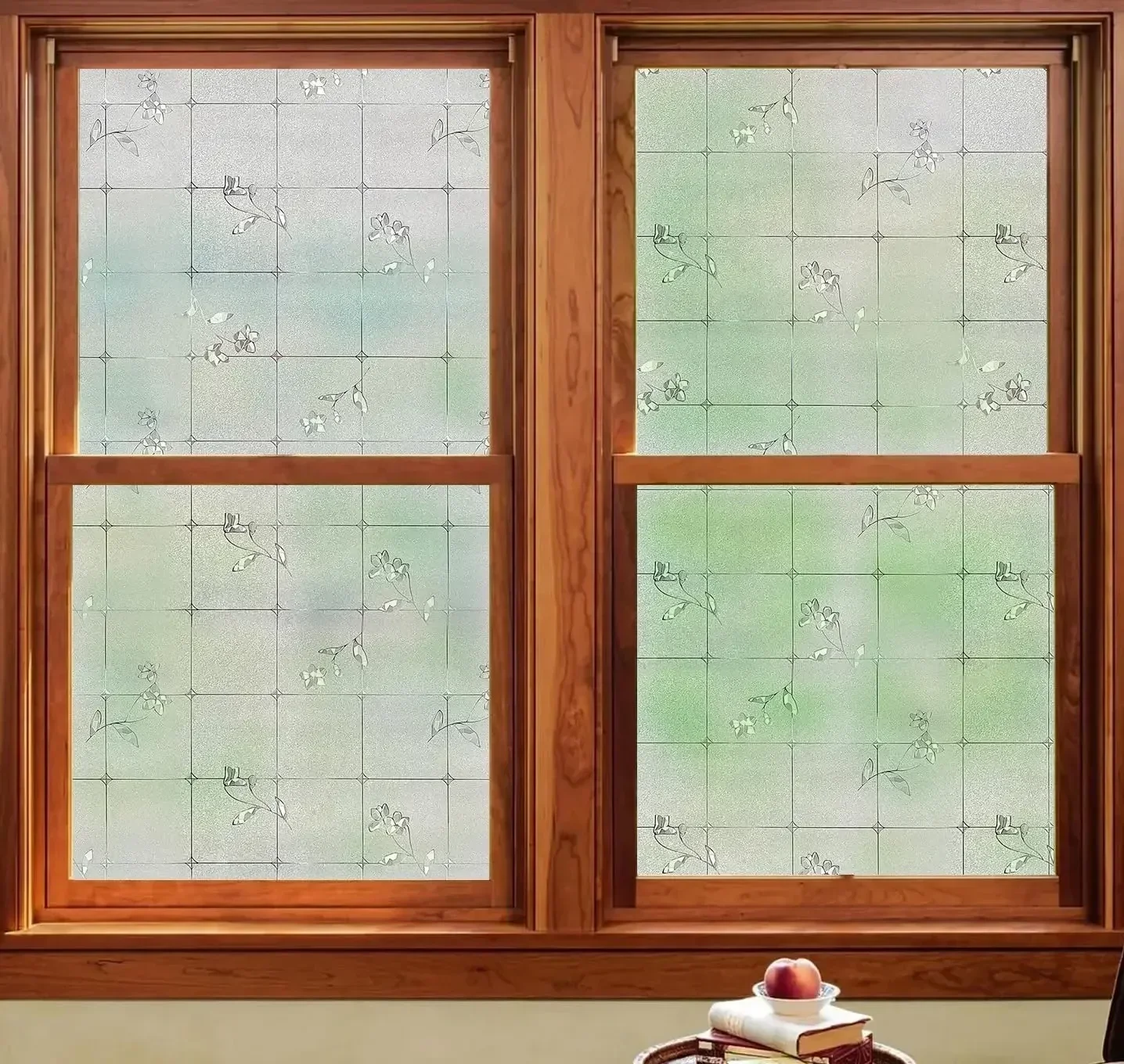 Window Privacy Film, Frosted Floral Blackout Tint Non Adhesive, UV Blocking Living Room Decorative Sticker for Home and Decor