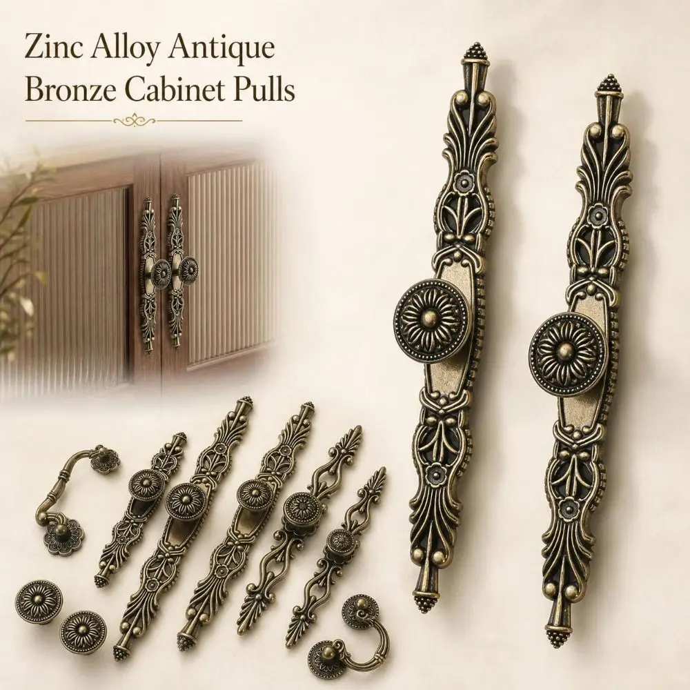 Zinc Alloy Antique Bronze Cabinet Pulls Vintage European Wardrobe Door Handles Ornate Bronze-Finished Hardware Cabinet Handles