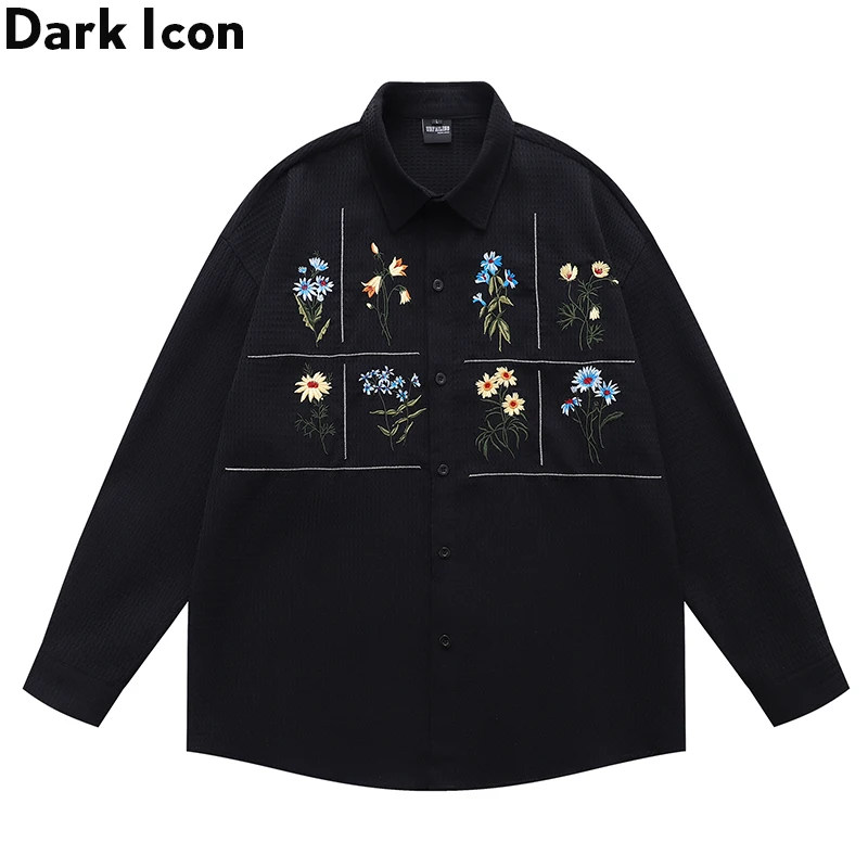 

Dark Icon Retro casual loose long sleeved shirt men's and women's floral embroidery waffle long sleeved shirt top