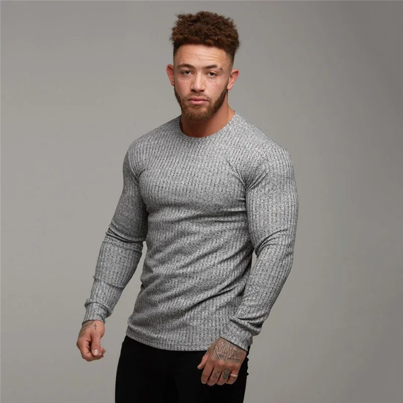 2023 Autumn Fashion Men\'s T-shirt Sweater O-Neck Slim Fit Knittwear Mens Long Sleeve Pullovers Tshirts Men Fitness Pull Homme