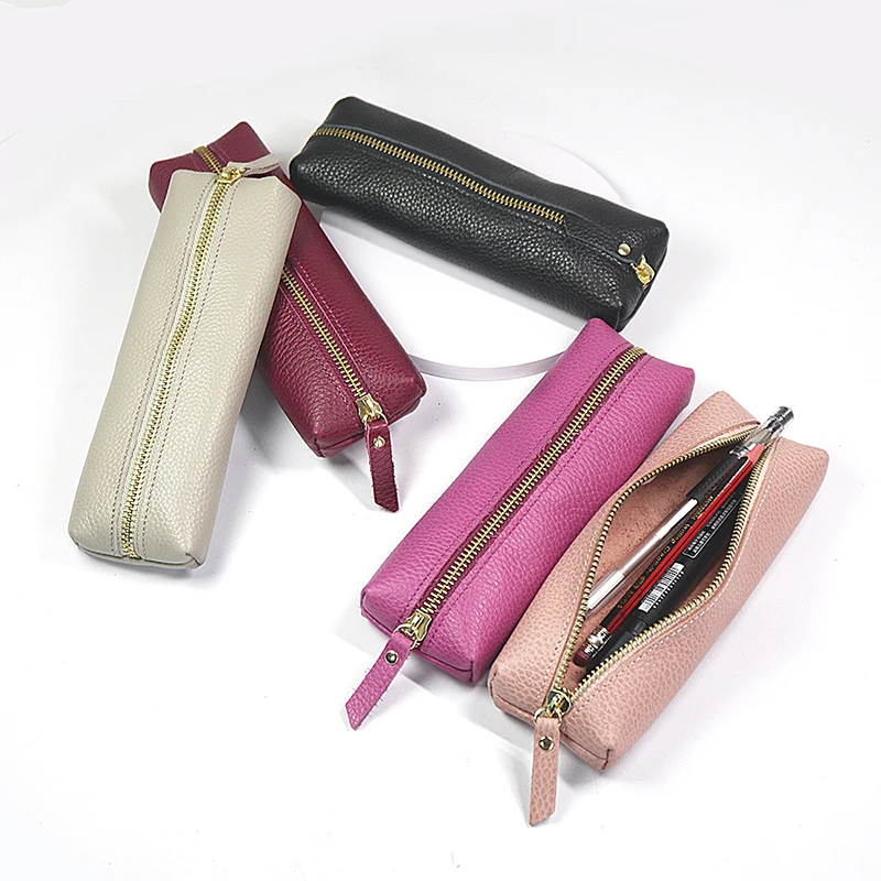 Aangepaste naam zip koeienhuid pennenzakje gepersonaliseerde lederen pennenzak zakelijk kantoor student opbergtas reizen cosmetische tassen