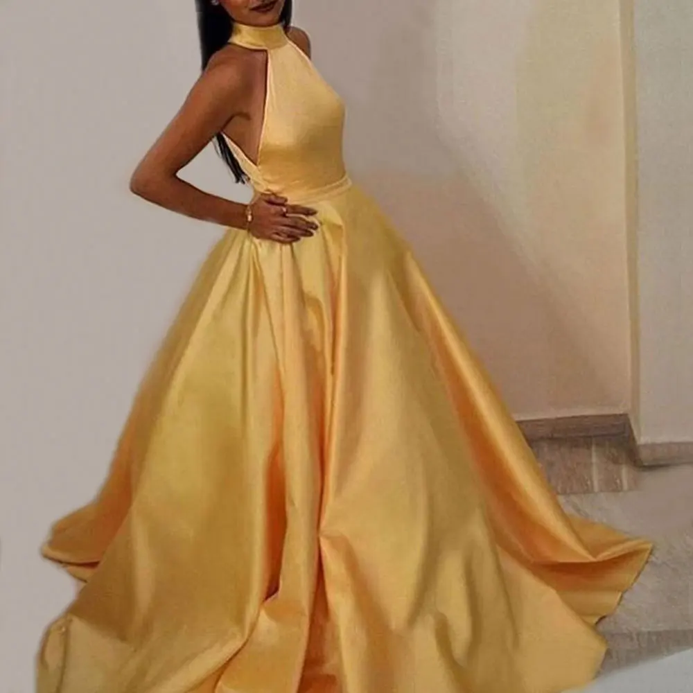 Yellow Satin Ball Vestido De Noite Formal Sem Encosto Vestido Sem Mangas A linha Floor Mop Vestido De Noite