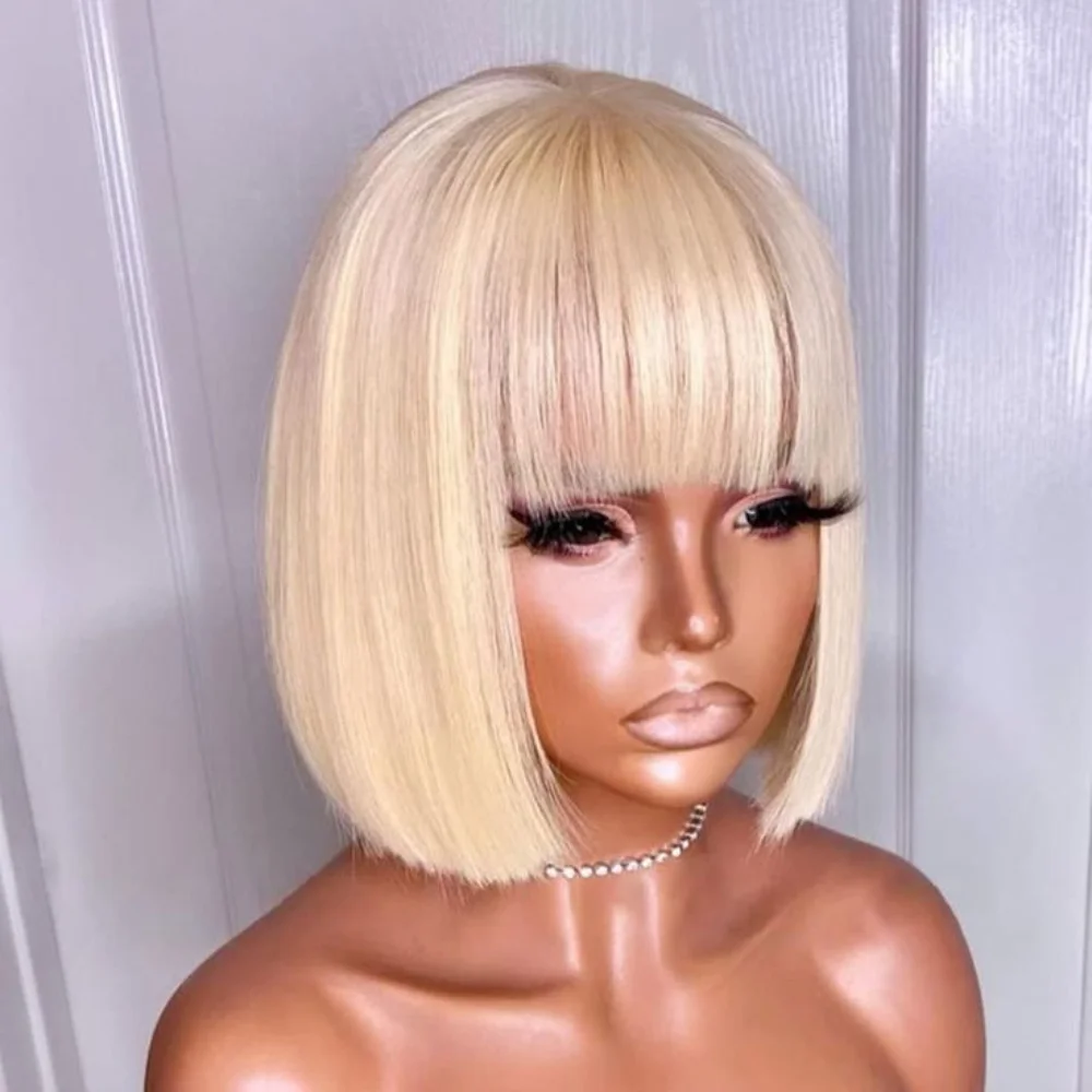 

613 Blonde Human Hair Bob Wig with Bangs Straight Human Hair Wigs with Fringe Brazilian Glueless 613 Color Bob Human Hair Wigs